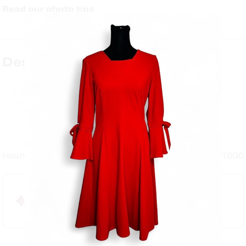 CALVIN CLAIN Red Long Sleeve Dress 4, with Tie Cuffs Back Zipp Square Neck